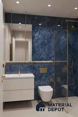 Modern bathroom with blue marble-look wall tiles, gold fixtures, and light beige floor tiles | Material Depot