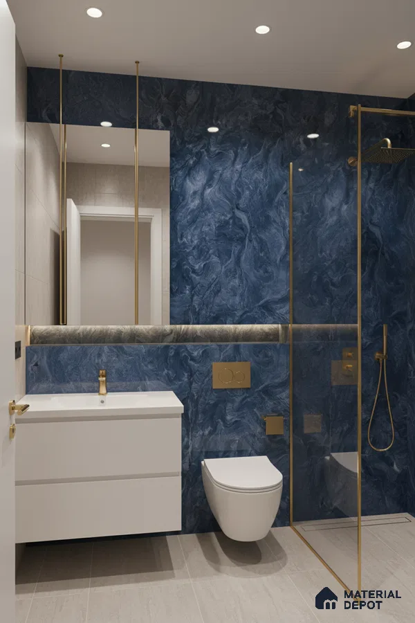 Modern bathroom with blue marble-look wall tiles, gold fixtures, and light beige floor tiles | Material Depot