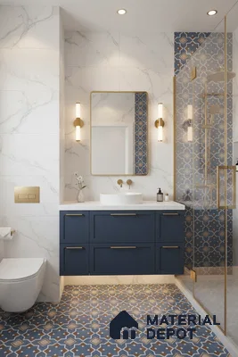 Modern bathroom with blue moroccan floor and wall tiles, white marble wall tiles, and navy blue vanity in Bengaluru | Material Depot