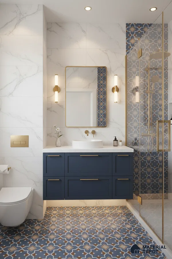 Modern bathroom with blue moroccan floor and wall tiles, white marble wall tiles, and navy blue vanity in Bengaluru | Material Depot