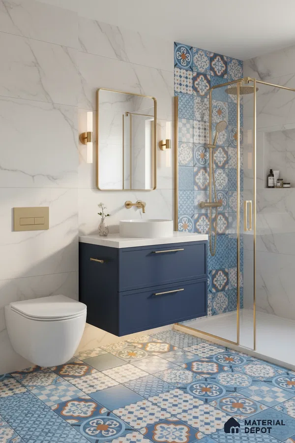Modern bathroom with blue moroccan patterned tiles, white marble wall tiles, and navy vanity in Bengaluru | Material Depot