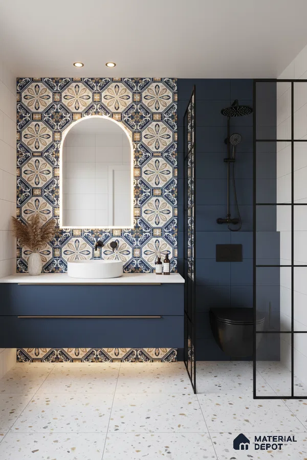 Modern bathroom with blue moroccan patterned wall tiles, terrazzo floor tiles, and matte blue vanity in Bengaluru | Material Depot