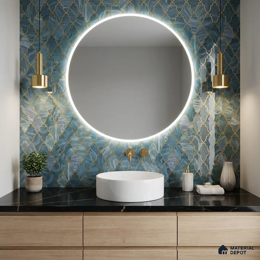 Modern bathroom with blue moroccan wall tiles, black marble countertop, and light wood vanity