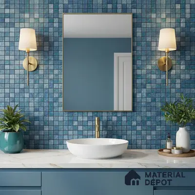 Modern bathroom with blue mosaic wall tiles and white marble countertop