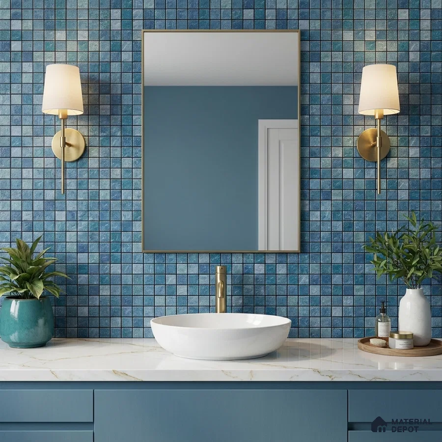 Modern bathroom with blue mosaic wall tiles and white marble countertop