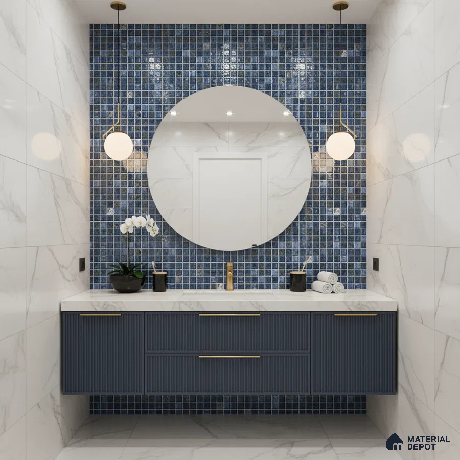 Modern bathroom with blue mosaic wall tiles, marble-look wall tiles, and fluted navy vanity
