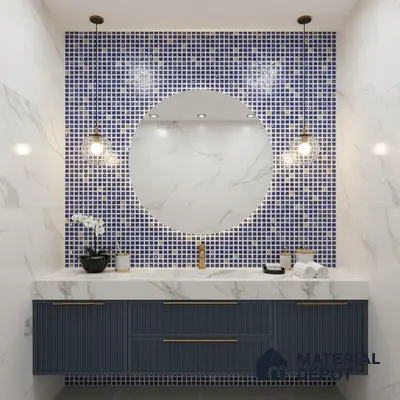 Modern bathroom with blue mosaic wall tiles, marble-look wall tiles, and fluted navy vanity