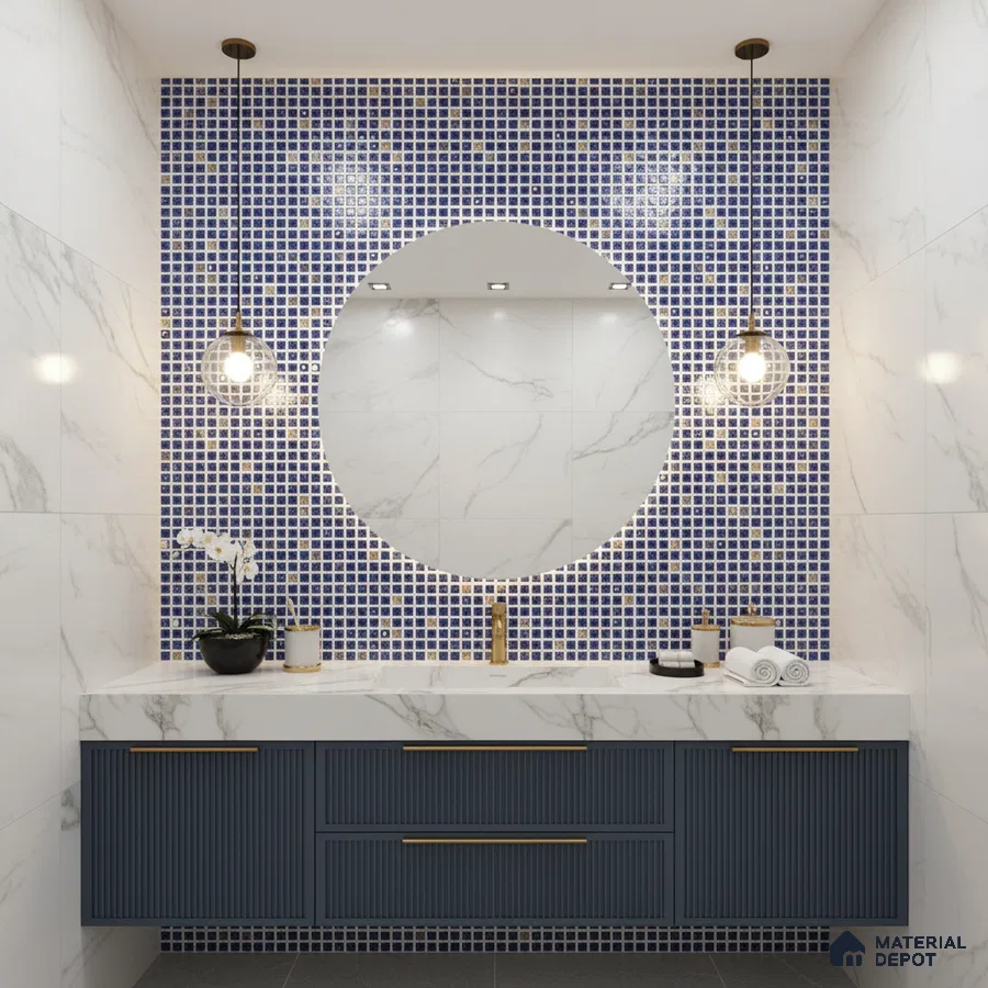 Modern bathroom with blue mosaic wall tiles, marble-look wall tiles, and fluted navy vanity
