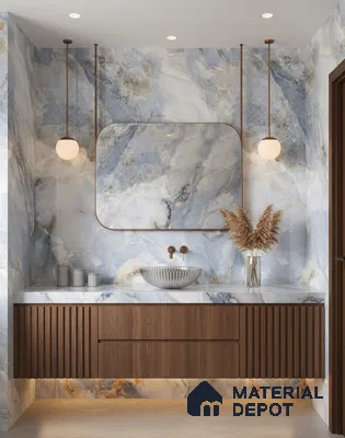 Modern bathroom with blue onyx marble wall tiles and fluted walnut wood vanity | Material Depot
