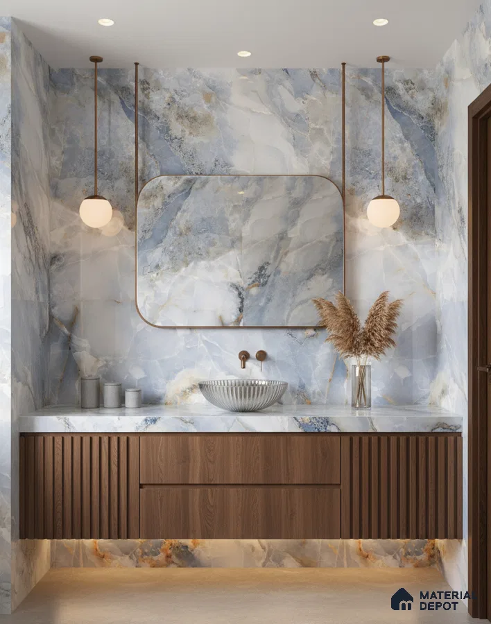 Modern bathroom with blue onyx marble wall tiles and fluted walnut wood vanity | Material Depot