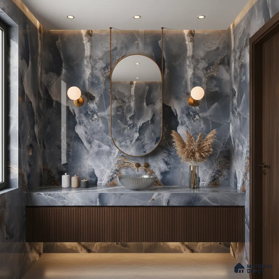 Modern bathroom with blue onyx marble-look wall tiles and fluted walnut vanity | Material Depot