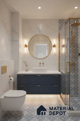 Modern bathroom with blue patterned floor tiles, marble wall tiles, and navy blue vanity in Bengaluru | Material Depot