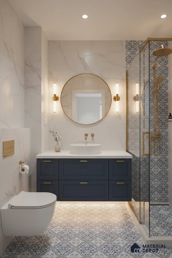 Modern bathroom with blue patterned floor tiles, marble wall tiles, and navy blue vanity in Bengaluru | Material Depot