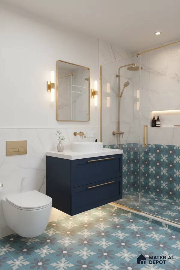 Modern bathroom with blue patterned floor tiles, marble wall tiles, and navy vanity in Bengaluru | Material Depot