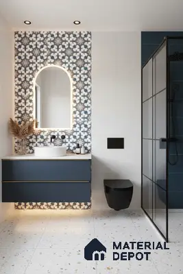 Modern bathroom with blue patterned highlighter wall tile, terrazzo floor tile, and matte blue vanity in Bengaluru | Material Depot