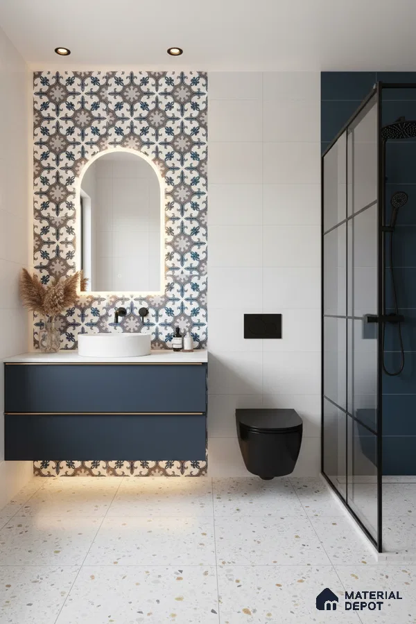 Modern bathroom with blue patterned highlighter wall tile, terrazzo floor tile, and matte blue vanity in Bengaluru | Material Depot