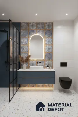 Modern bathroom with blue patterned highlighter wall tiles and terrazzo floor tiles in Bengaluru | Material Depot