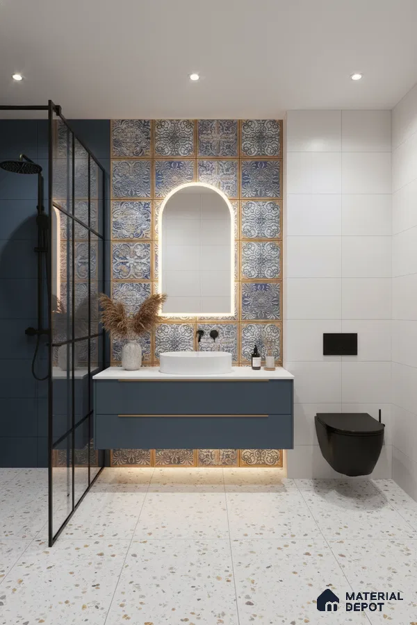 Modern bathroom with blue patterned highlighter wall tiles and terrazzo floor tiles in Bengaluru | Material Depot