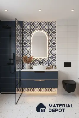 Modern bathroom with blue patterned highlighter wall tiles, navy blue vanity, and terrazzo floor tiles in Bengaluru | Material Depot