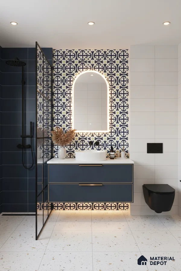 Modern bathroom with blue patterned highlighter wall tiles, navy blue vanity, and terrazzo floor tiles in Bengaluru | Material Depot