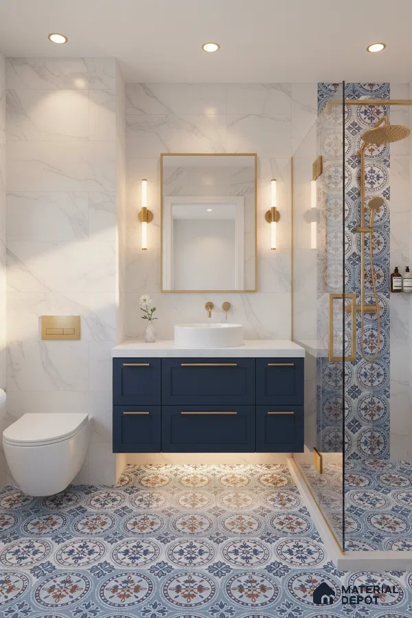 Modern bathroom with blue patterned moroccan floor tiles, white marble wall tiles, and navy blue vanity in Bengaluru | Material Depot