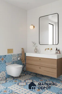 Modern bathroom with blue patterned moroccan tiles, white wall tiles, and wood vanity in Bengaluru | Material Depot