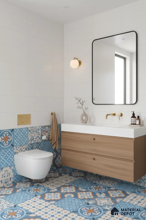 Modern bathroom with blue patterned moroccan tiles, white wall tiles, and wood vanity in Bengaluru | Material Depot