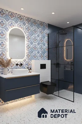 Modern bathroom with blue patterned moroccan wall tiles, terrazzo floor tiles, and matte blue vanity in Bengaluru | Material Depot