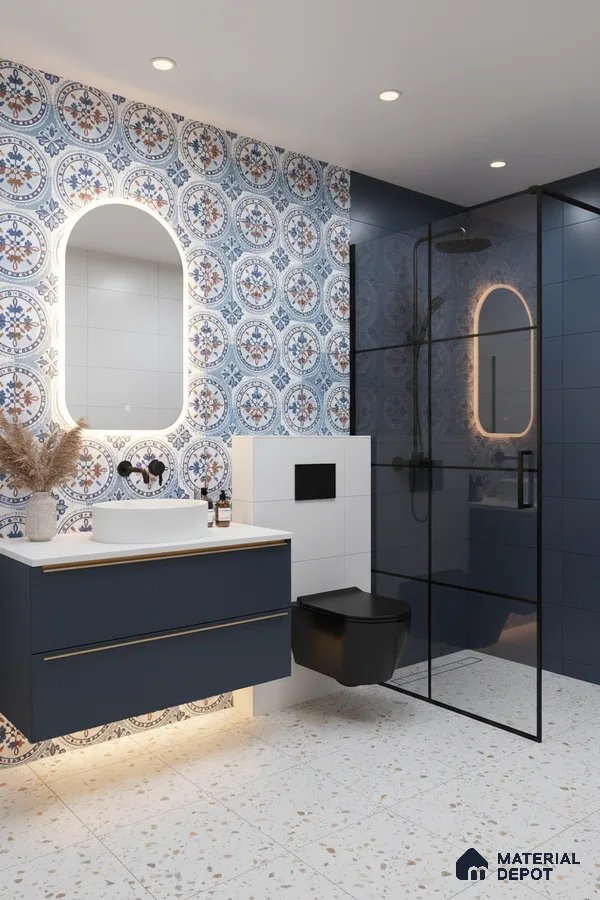 Modern bathroom with blue patterned moroccan wall tiles, terrazzo floor tiles, and matte blue vanity in Bengaluru | Material Depot