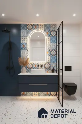 Modern bathroom with blue patterned moroccan wall tiles, terrazzo floor tiles, and matte blue vanity in Bengaluru | Material Depot