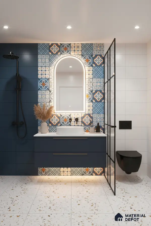 Modern bathroom with blue patterned moroccan wall tiles, terrazzo floor tiles, and matte blue vanity in Bengaluru | Material Depot