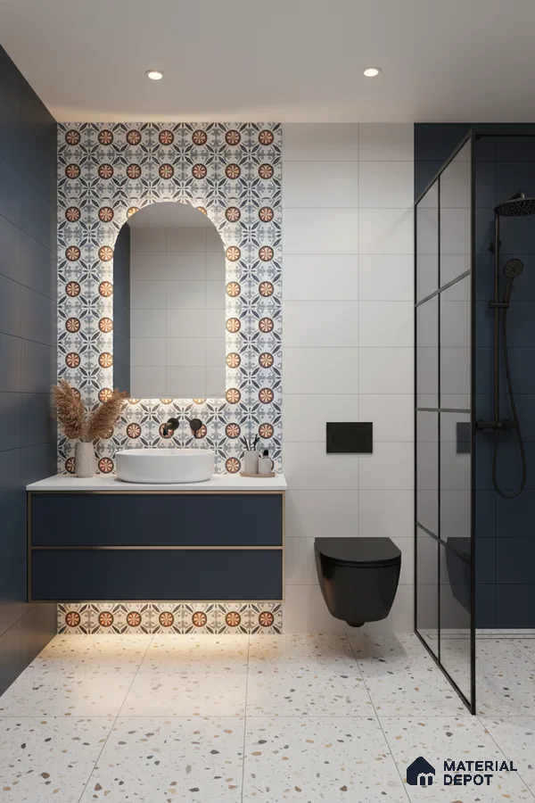 Modern bathroom with blue patterned moroccan wall tiles, terrazzo floor tiles, and navy blue vanity in Bengaluru | Material Depot