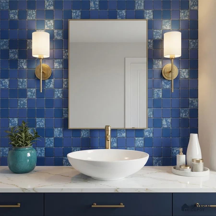Modern bathroom with blue patterned square wall tiles and white marble countertop