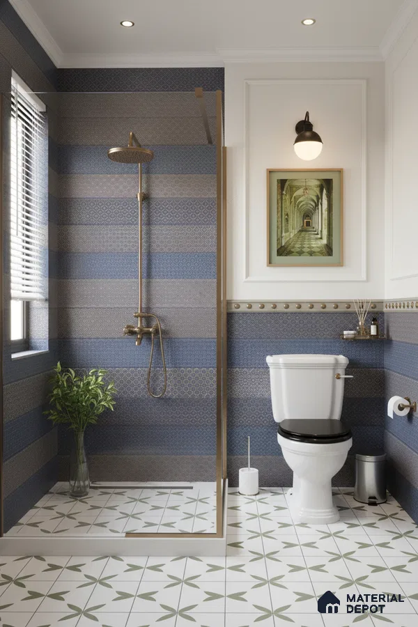 Modern bathroom with blue patterned wall tiles and green geometric floor tiles | Material Depot