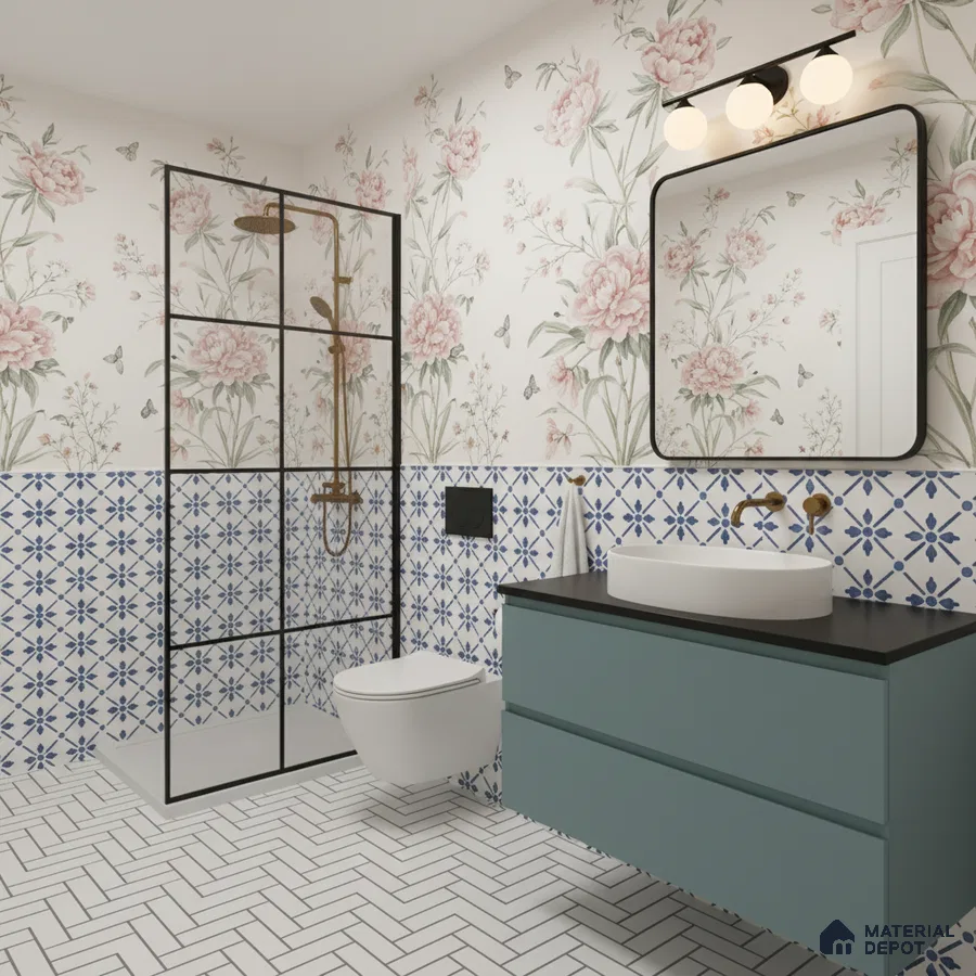 Modern bathroom with blue patterned wall tiles, floral wallpaper, and herringbone white floor tiles in Bengaluru | Material Depot
