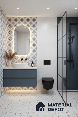 Modern bathroom with blue patterned wall tiles, terrazzo floor tiles, and matte blue vanity in Bengaluru | Material Depot