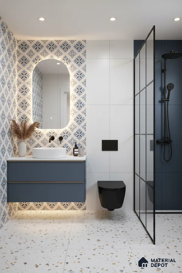 Modern bathroom with blue patterned wall tiles, terrazzo floor tiles, and matte blue vanity in Bengaluru | Material Depot