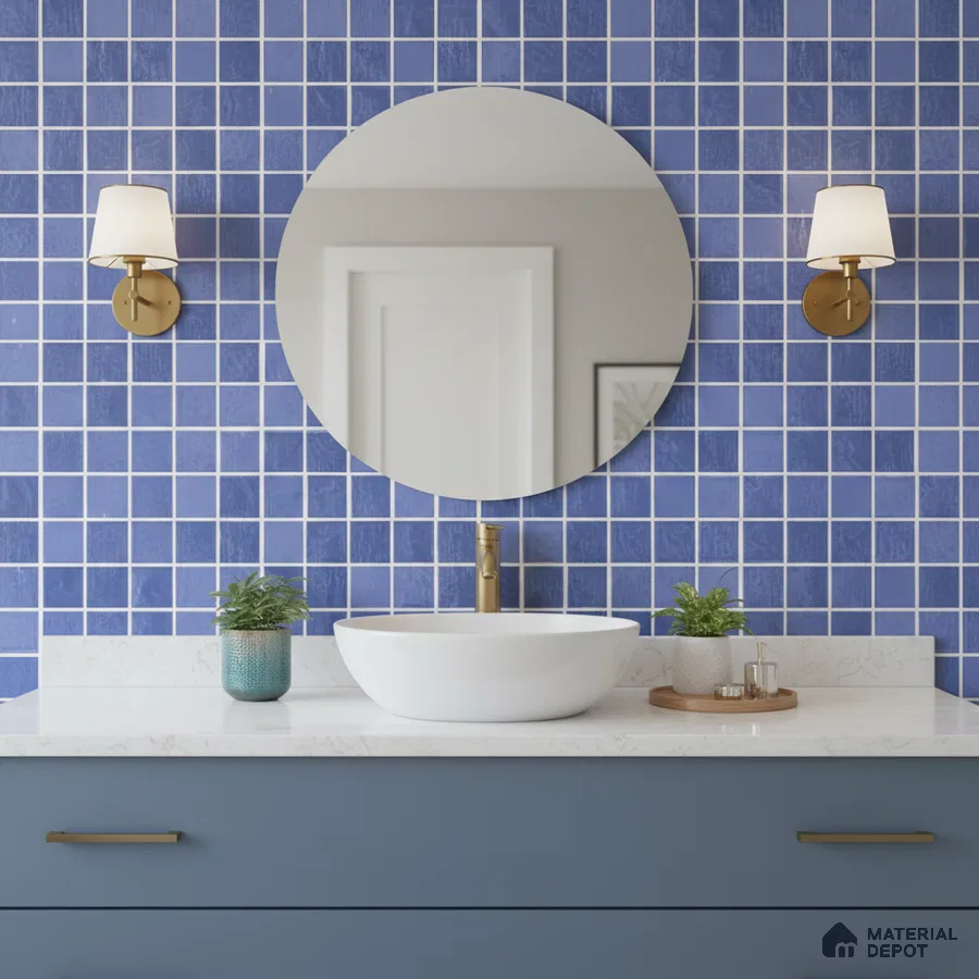 Modern bathroom with blue square wall tiles and white quartz countertop