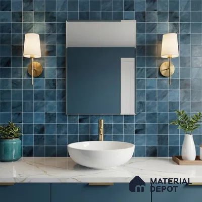 Modern bathroom with blue square wall tiles, white marble countertop, and blue laminate vanity