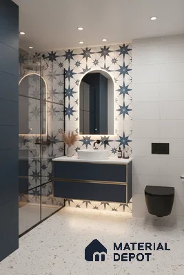 Modern bathroom with blue star patterned wall tiles, terrazzo floor tiles, and navy blue vanity in Bengaluru | Material Depot