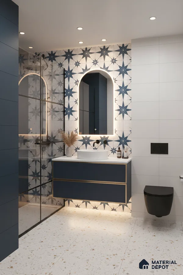 Modern bathroom with blue star patterned wall tiles, terrazzo floor tiles, and navy blue vanity in Bengaluru | Material Depot