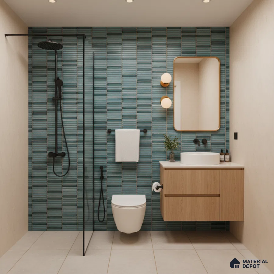 Modern bathroom with blue striped subway wall tiles, light wood vanity, and beige floor tiles | Material Depot