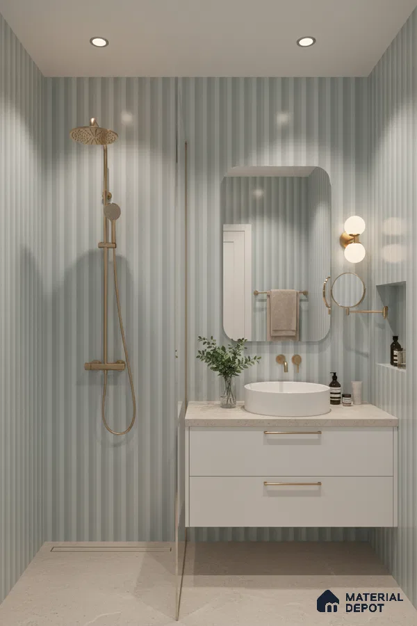 Modern bathroom with blue striped wall tiles, beige stone countertop, and white floating vanity | Material Depot