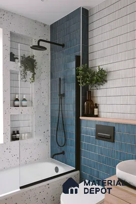 Modern Bathroom with Blue Subway Tiles and Terrazzo Accents | Material Depot
