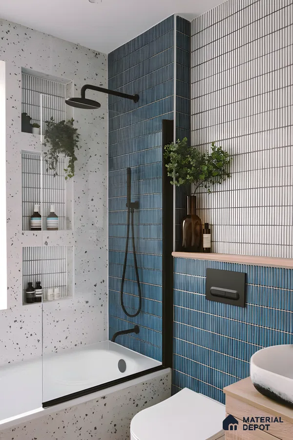 Modern Bathroom with Blue Subway Tiles and Terrazzo Accents | Material Depot