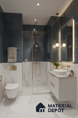 Modern bathroom with blue subway wall tiles and white marble-look floor and wall tiles | Material Depot