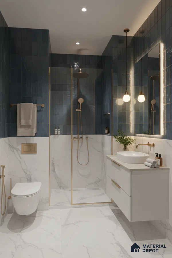 Modern bathroom with blue subway wall tiles and white marble-look floor and wall tiles | Material Depot