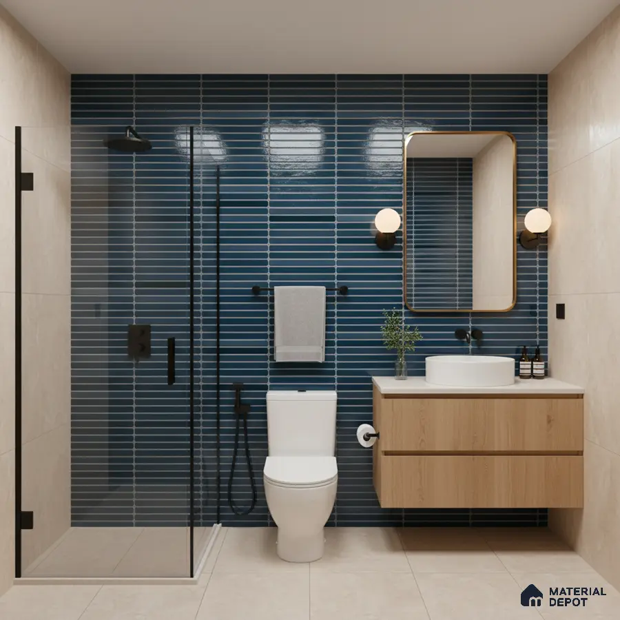 Modern bathroom with blue subway wall tiles, beige floor tiles, and light oak floating vanity | Material Depot