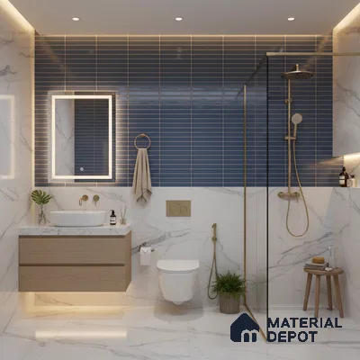 Modern bathroom with blue subway wall tiles, white marble-look tiles, and floating wood vanity | Material Depot