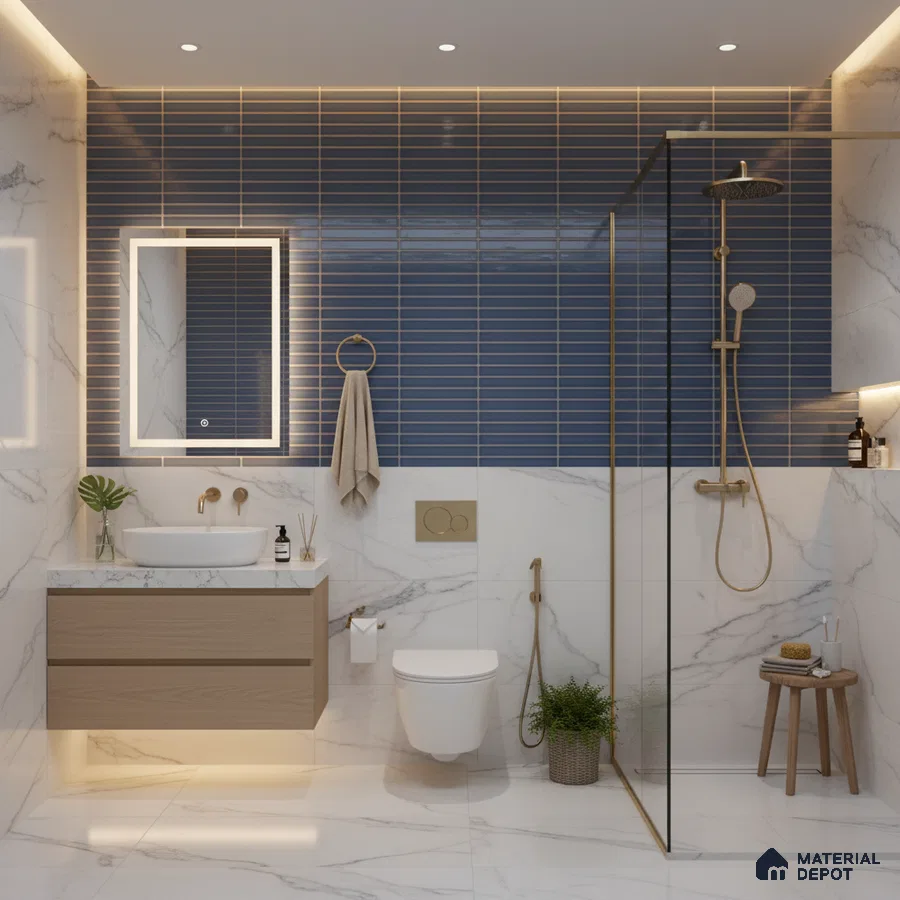 Modern bathroom with blue subway wall tiles, white marble-look tiles, and floating wood vanity | Material Depot